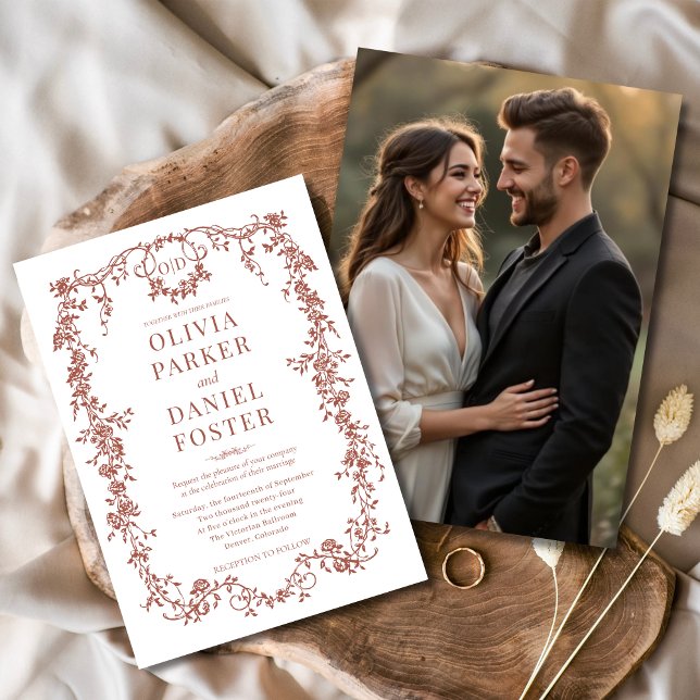 Terracotta Photo Floral Victorian French Wedding  Invitation (Creator Uploaded)