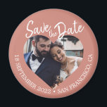 Terracotta Photo Modern Script Save the Date Magnet<br><div class="desc">Terracotta photo modern script save the date magnet featuring a heart-shaped photo window, warm terracotta background, and hand-lettered script text in white. This design showcases your engagement photo while clearly sharing the wedding date and location in a rich, earthy colour palette that feels modern yet timeless. Ideal for weddings, fall...</div>
