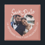 Terracotta Photo Modern Script Save the Date Magnet<br><div class="desc">Terracotta photo modern script save the date magnet featuring a heart-shaped photo window, warm terracotta background, and hand-lettered script text in white. This design showcases your engagement photo while clearly sharing the wedding date and location in a rich, earthy colour palette that feels modern yet timeless. Ideal for weddings, fall...</div>