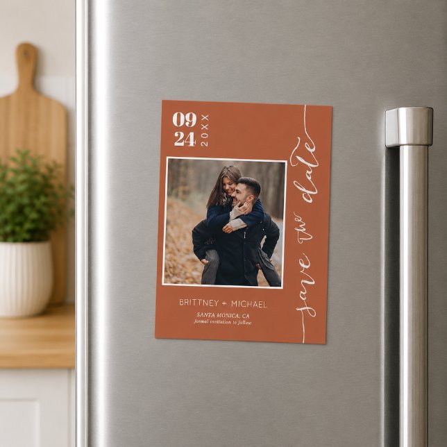 Terracotta Photo Save the Date (Trendy terracotta photo save the date featuring elegant handwritten script magnet)