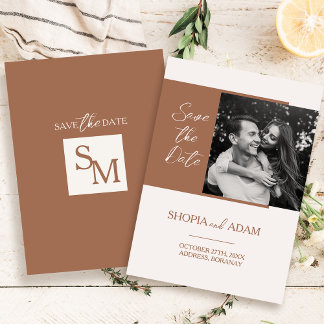 Terracotta Photo Save the Date Card with Monogram