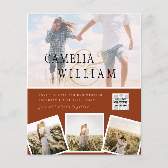 Terracotta Photo Wedding Invite QR Code Save Date Flyer (Front)
