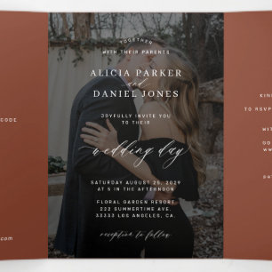 Terracotta photo wedding RSVP details QR code  Tri-Fold Invitation