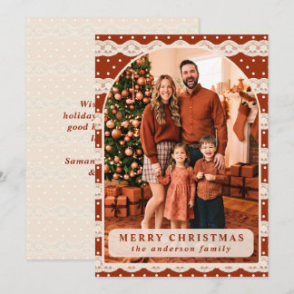Terracotta Polka Dot Lace Christmas Photo Holiday Card