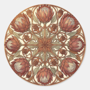 Terracotta Protea Art Nouveau Floral Medallion Classic Round Sticker