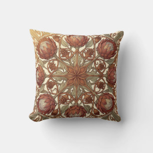 Terracotta Protea Art Nouveau Floral Medallion Cushion