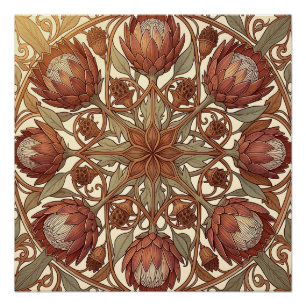 Terracotta Protea Art Nouveau Floral Medallion Poster