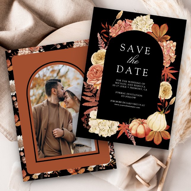 Terracotta Pumpkin Floral Black Wedding Save The Date (Creator Uploaded)