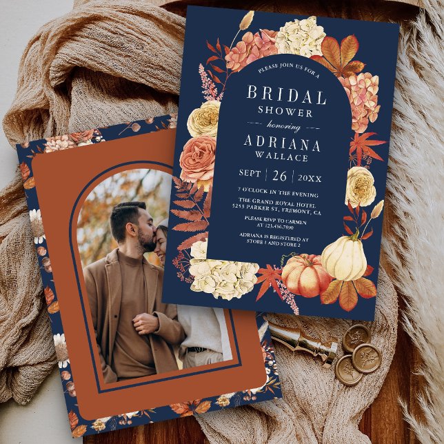 Terracotta Pumpkin Floral Navy Blue Bridal Shower Invitation (Creator Uploaded)