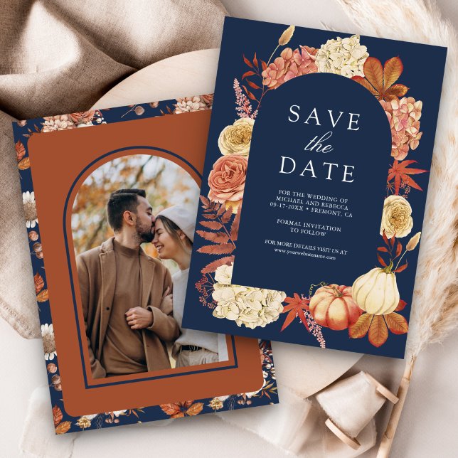 Terracotta Pumpkin Floral Navy Blue Wedding Save The Date (Creator Uploaded)