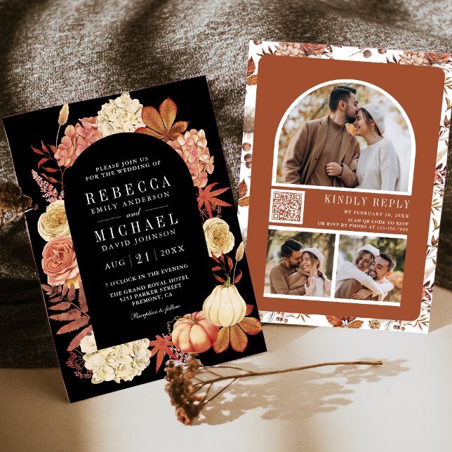 Terracotta Pumpkin Floral QR Code Black Wedding Invitation (Creator Uploaded)