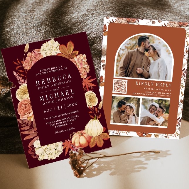 Terracotta Pumpkin Floral QR Code Burgundy Wedding Invitation (Creator Uploaded)