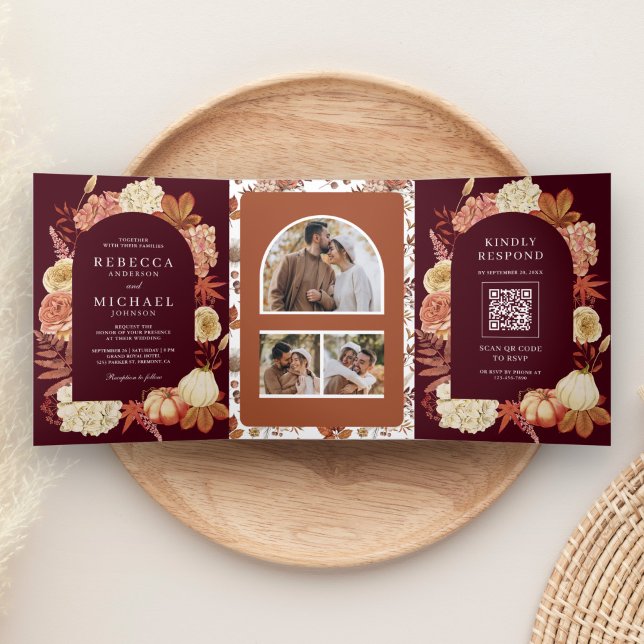 Terracotta Pumpkin Floral QR Code Burgundy Wedding Tri-Fold Invitation (Creator Uploaded)