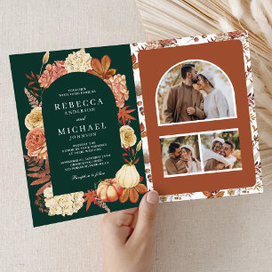 Terracotta Pumpkin Floral QR Code Emerald Wedding Invitation