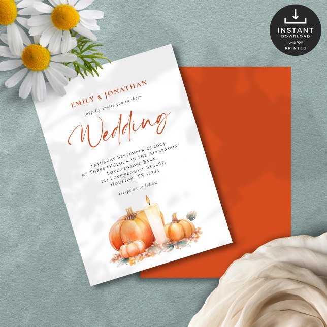 Terracotta Pumpkins Candles Fall Wedding Invitation (Front and back view)