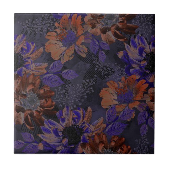 Terracotta, purple flowers on a velvety grey  tile (Front)