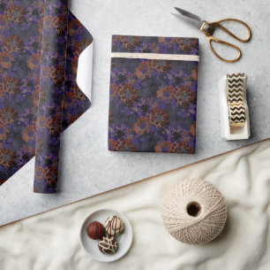 Terracotta, purple flowers on a velvety grey  wrapping paper