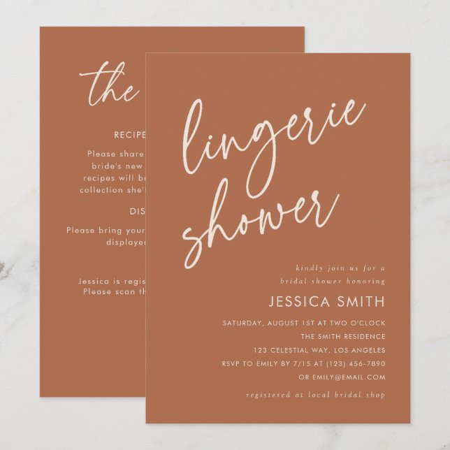 Terracotta QR Code All-in-One Boho Lingerie Shower Invitation (Front/Back)