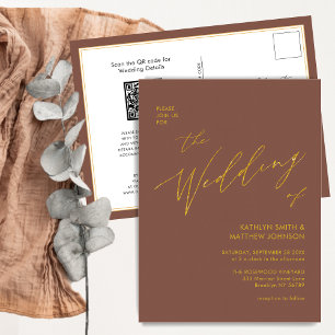 Terracotta QR Code Gold Script All In One Wedding Invitation Postcard