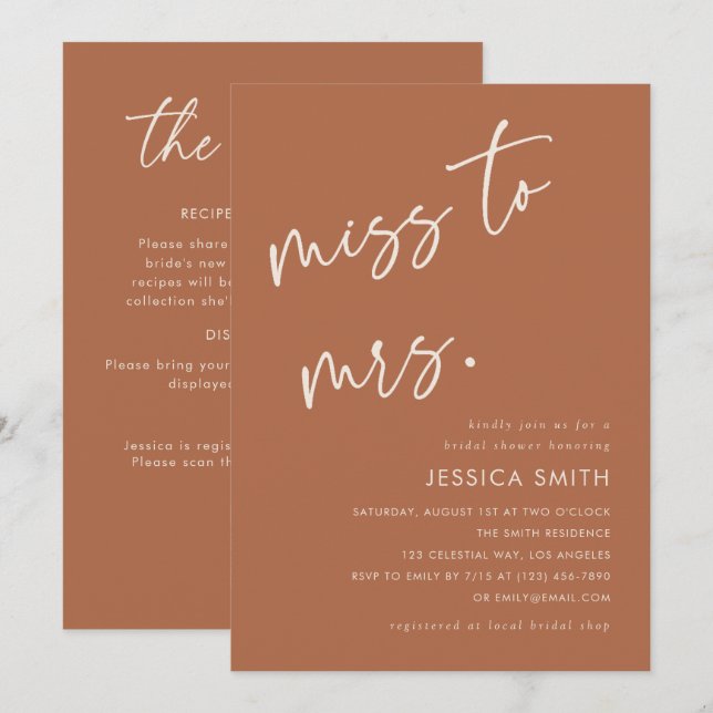 Terracotta QR Code Miss to Mrs. Bridal Shower Invitation (Front/Back)