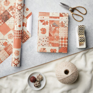 Terracotta Quilt Gingham Cottagecore Floral  Wrapping Paper