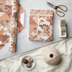 Terracotta Quilt Gingham Cottagecore Floral  Wrapping Paper