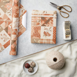 Terracotta Quilt Gingham Cottagecore Floral  Wrapping Paper