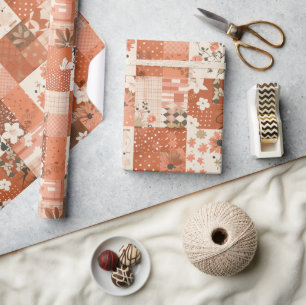 Terracotta Quilt Gingham Cottagecore Floral  Wrapping Paper