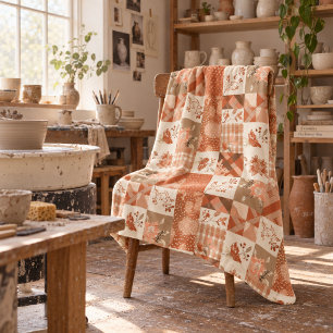 Terracotta Quilt Patchwork Gingham Cottagecore Fleece Blanket