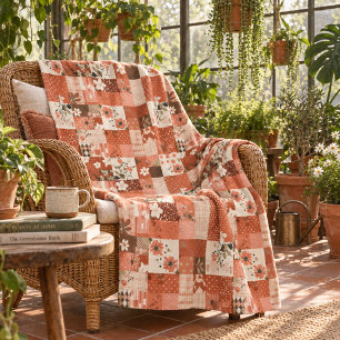 Terracotta Quilt Patchwork Gingham Cottagecore Fleece Blanket