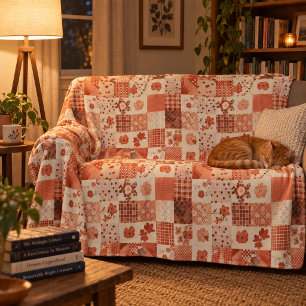 Terracotta Quilt Patchwork Gingham Cottagecore Fleece Blanket