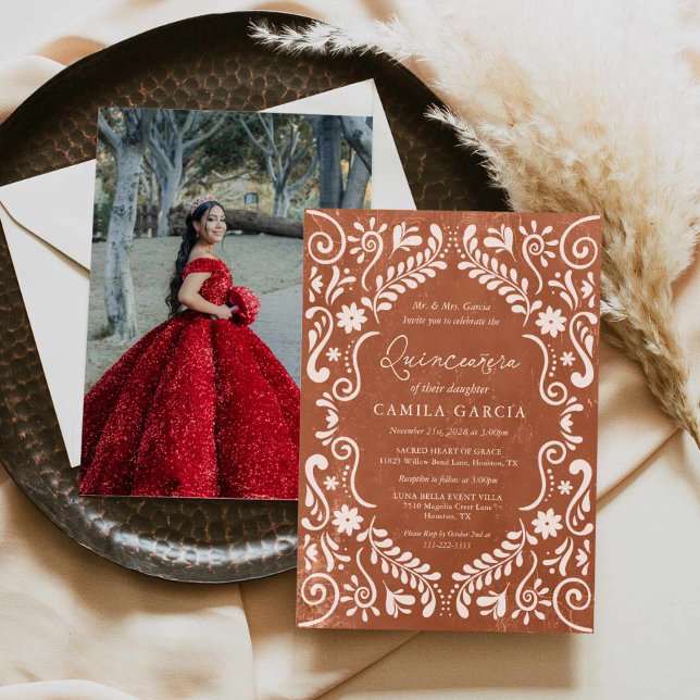 Terracotta Quinceañera Papel Picado Photo Invitation (Mexican Papel Picado Quinceanera Photo Invitation)