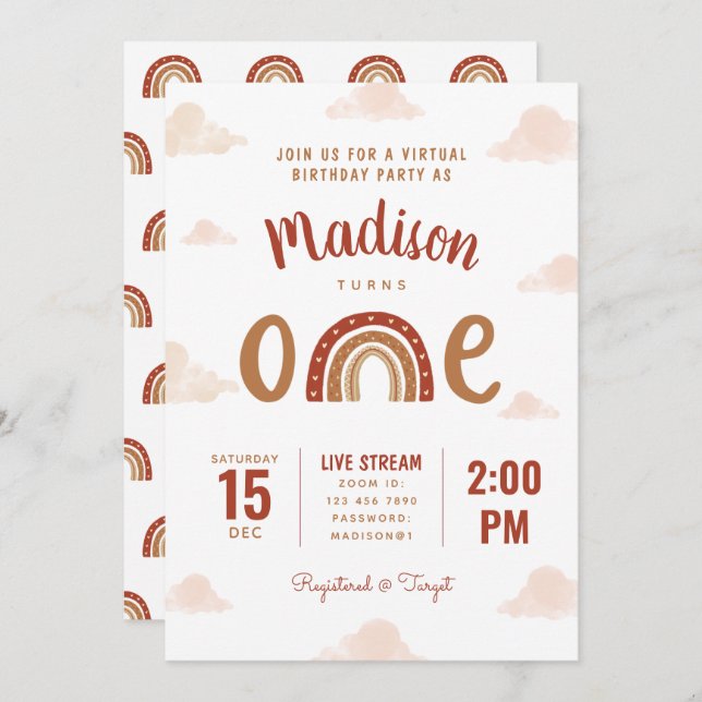 Terracotta Rainbow Boho Virtual First Birthday Invitation (Front/Back)