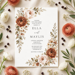 Terracotta Ranunculus Floral Fall Wedding Invitation