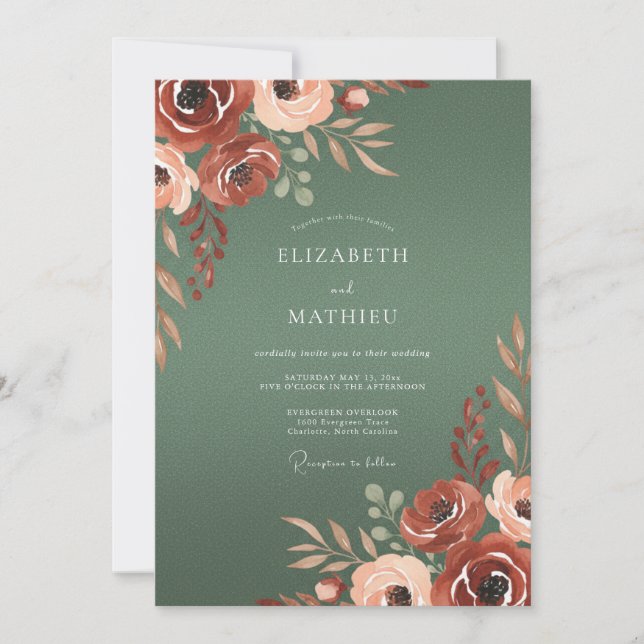 Terracotta Ranunculus Moss Wedding Invitation (Front)