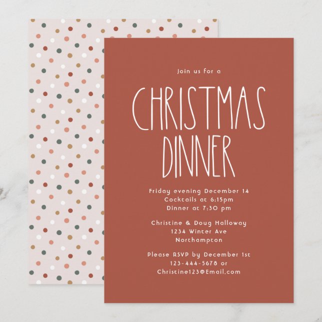 Terracotta Red Boho Polka Dot Christmas Dinner Invitation (Front/Back)