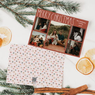 Terracotta Red Boho Polka Dot Christmas Five-Photo Holiday Card