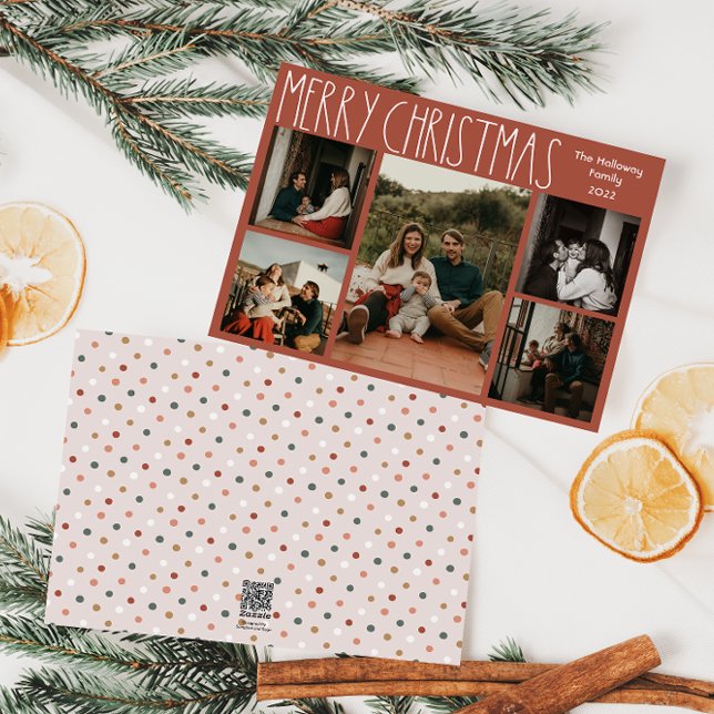 Terracotta Red Boho Polka Dot Christmas Five-Photo Holiday Card (Creator Uploaded)