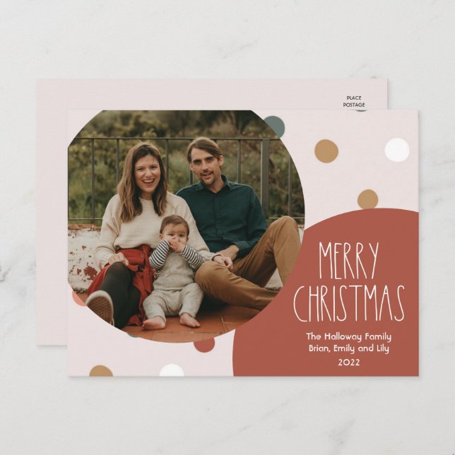 Terracotta Red Boho Polka Dot Christmas One Photo Holiday Postcard (Front/Back)