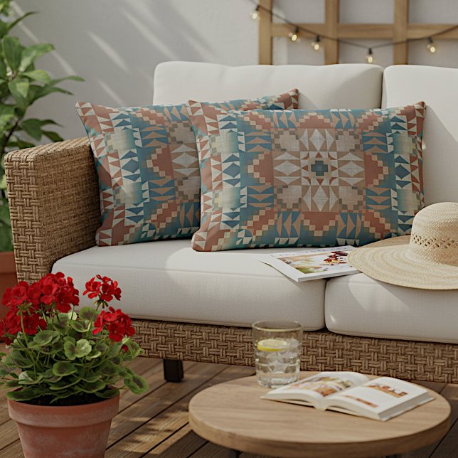 Terracotta Red Brown Beige Teal Blue Tribal Art Lumbar Cushion (Creator Uploaded)