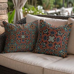 Terracotta Red Brown Blue Turquoise Tribal Art Cushion