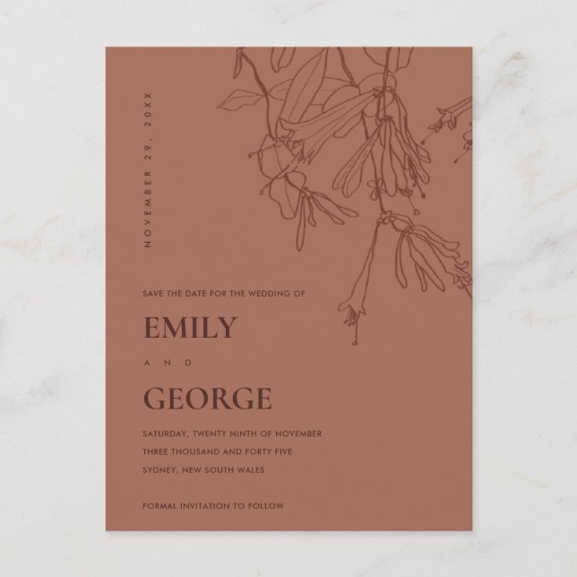 TERRACOTTA RED LINE DRAWING FLORAL SAVE THE DATE ANNOUNCEMENT POSTCARD (Front)