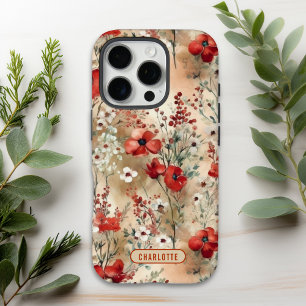 Terracotta Red Sage Watercolor Floral Name iPhone 16 Pro Case