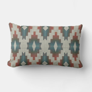 Terracotta Red TaupeBrown Teal Blue Tribal Art Lumbar Cushion
