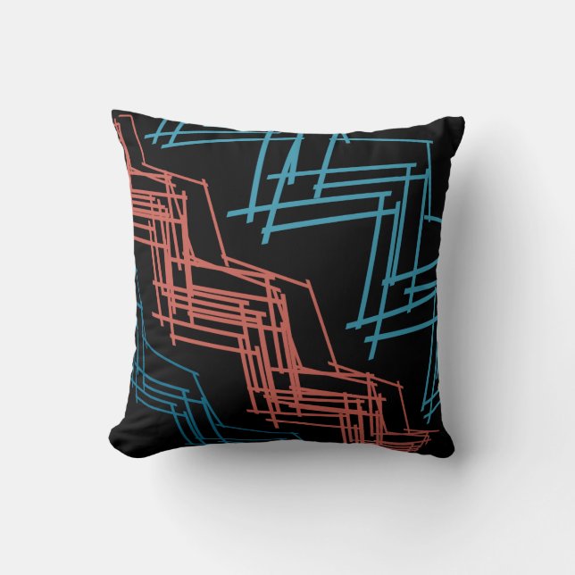 Terracotta Red Turquoise Black Diagonal Squiggles Cushion (Front)