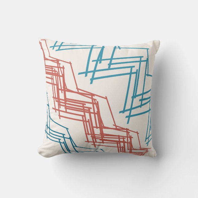 Terracotta Red Turquoise Blue Diagonal Squiggles Cushion (Front)