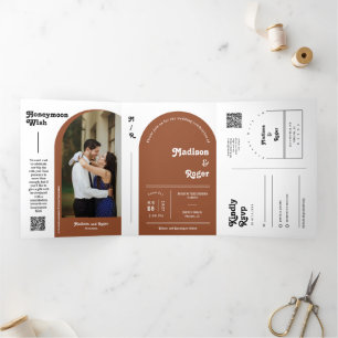 Terracotta Retro Boho Arch Photo QR Code Wedding Tri-Fold Invitation