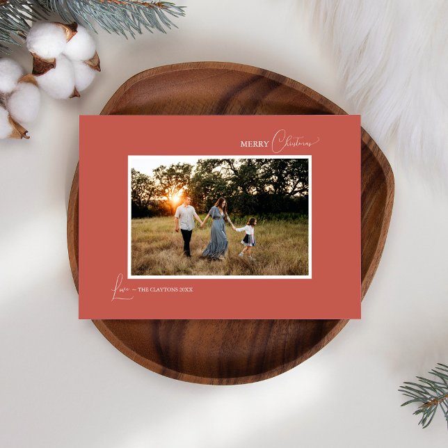 Terracotta Retro Boho Minimalist Photo and Letter Holiday Card (Creator Uploaded)