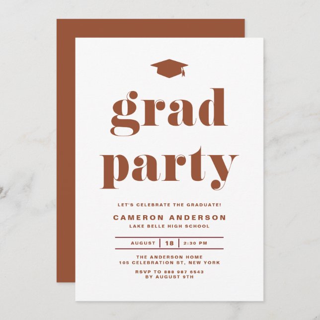 Terracotta Retro Bold Typography Graduation Party Invitation (Front/Back)