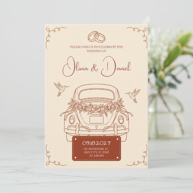 Terracotta Retro Getaway Car Wedding Invitation (Standing Front)
